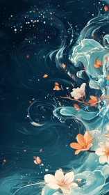 Floral petals drift through teal currents of abstract water.