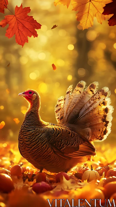 Golden autumn turkey stands proud in glowing forest light