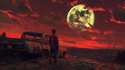 Cinematic moonrise over rusted pickup in crimson twilight sky.