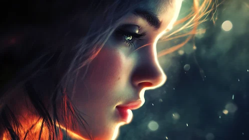 Starlit profile of a dreaming girl in ember kissed glow.
