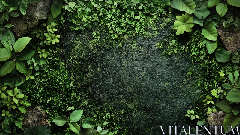 Moss-covered stone surface framed by green foliage.