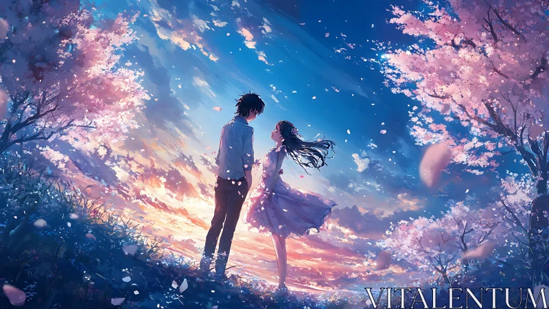 Gentle spring sunset with two young lovers under blossoms.