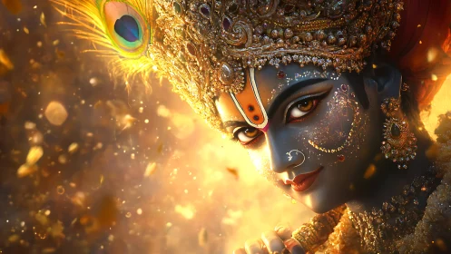 Divine blue-skinned deity portrait with jeweled crown and bokeh glow