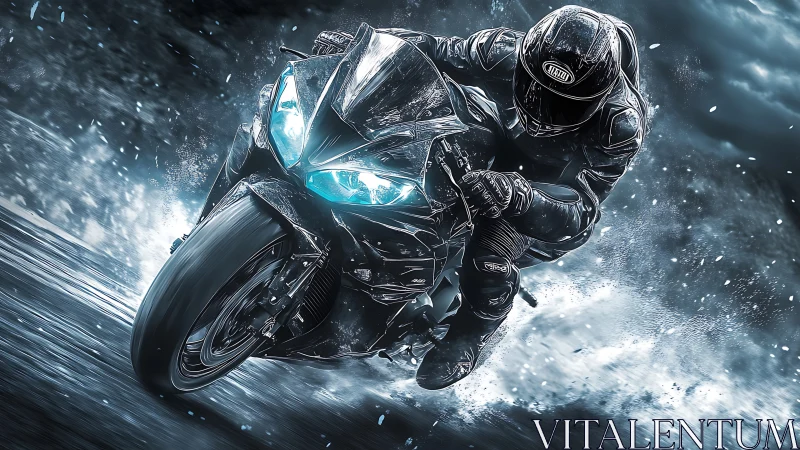 Motorcycle rider leans aggressively through wet illuminated turn