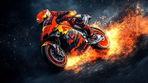 Flaming superbike leans into turn in high-speed digital render