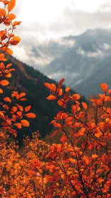 Autumn foliage frames misty alpine mountains in soft focus