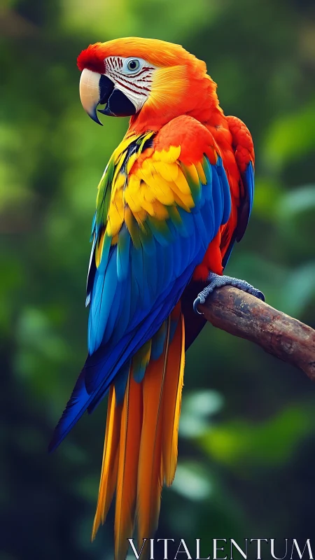 Colorful macaw perched on branch in lush green habitat.