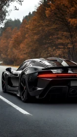 Midnight hypercar gliding through an ember-tinted forest road.