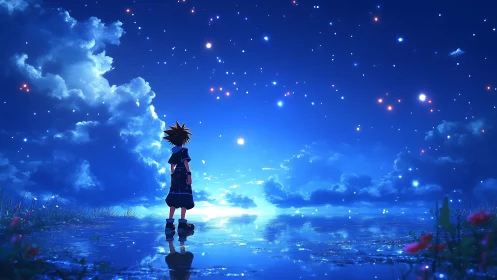 Starlit child stands over glowing water horizon. Period.