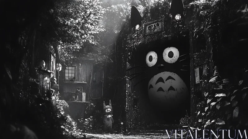 Monochrome forest tunnel hides colossal cartoon guardian