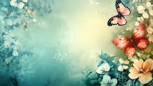 Butterflies over soft teal floral background illustration.