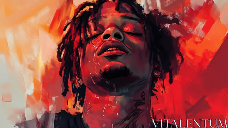 Digital portrait shows male head in close-up against red field