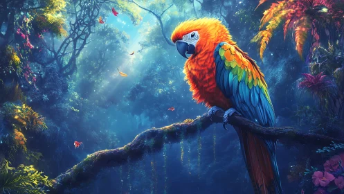 Vivid macaw perched in glowing fantasy rainforest canopy.