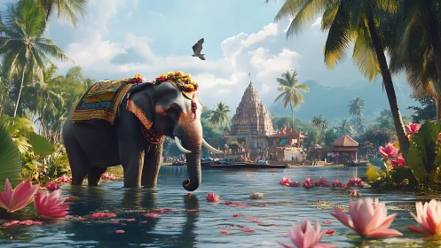 Lotus-laced temple river with crowned ceremonial elephant.