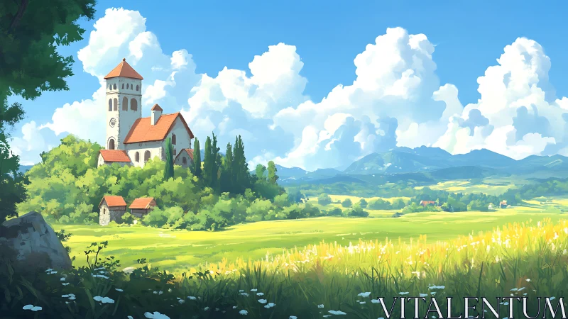 Rural tower complex stands amid fields under cumulus clouds