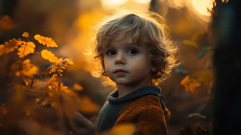 Young child with curled hair in autumn foliage setting