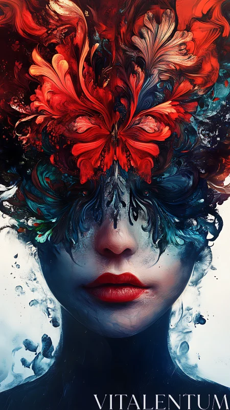 Surreal portrait with erupting red floral abstraction.