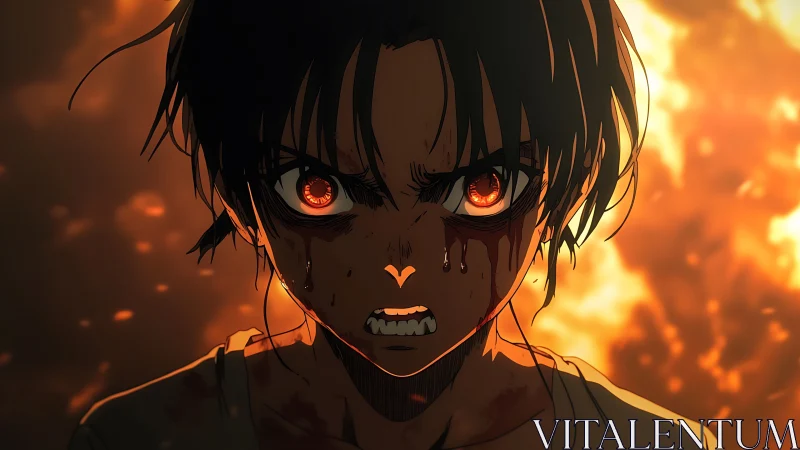 Fierce anime hero framed by firelit rage and resolve.
