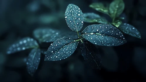 Dark green leaves covered in sharp detailed water droplets.