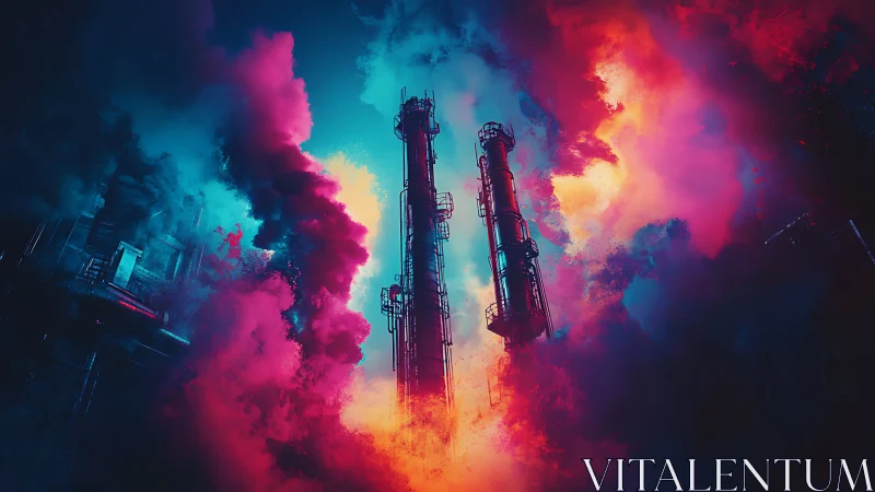 Industrial refinery stacks in neon chromatic vapor storm.
