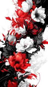 Red and white flower composition with high-contrast ink splatter technique