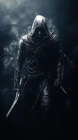 Hooded rogue strides through smoke with dual curved blades.