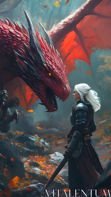Armored warrior faces red dragon in forest standoff.