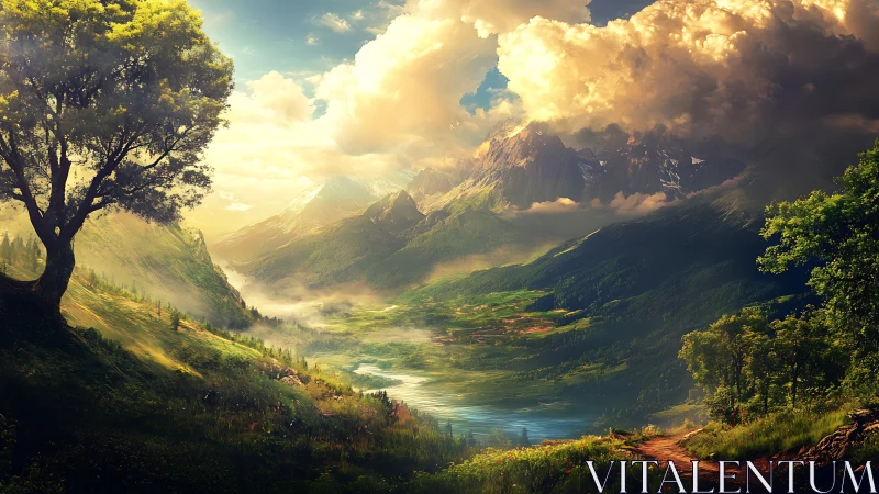 High-dynamic-range alpine valley rendered with atmospheric depth mapping