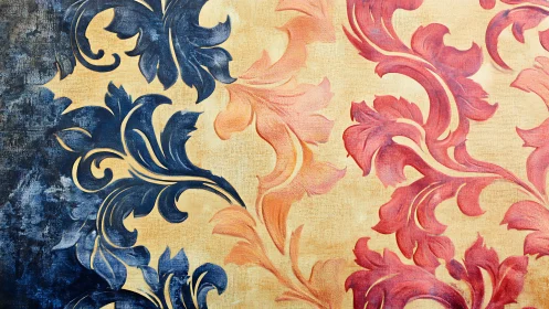 Floral damask swirls blend bold navy and warm coral tones