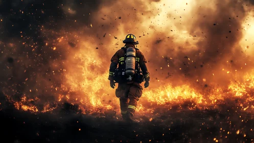 Firefighter Advancing Through Inferno Flames.