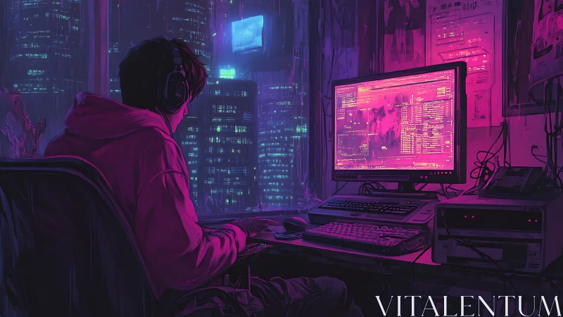 Lone coder works by neon city window in moody cyberpunk glow
