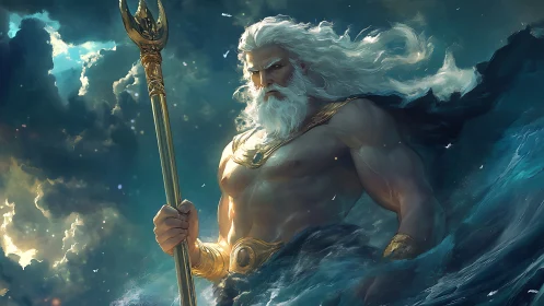Muscular bearded sea god holds trident amid storm clouds