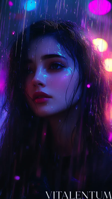 Neon rain dreamscape around a luminous midnight gaze.