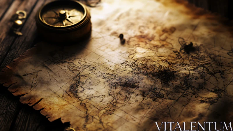 Compass whispers over timeworn world map and secret routes