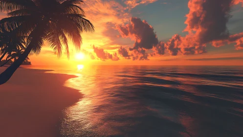 Rendered tropical shoreline displays low sun over calm water