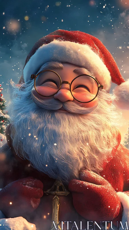 3D stylized Santa portrait under softly glowing snowfall.