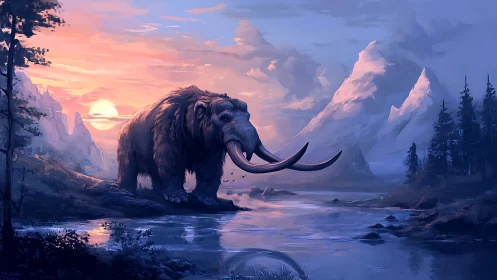 Gentle mammoth wanders through a glowing icy valley at dawn