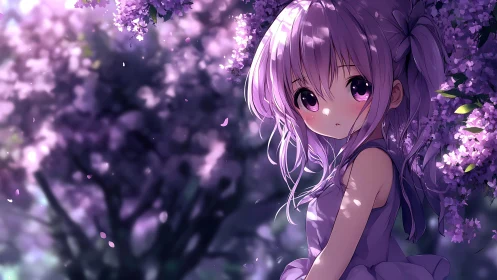 Shy lavender haired girl stands beneath glowing lilac blooms