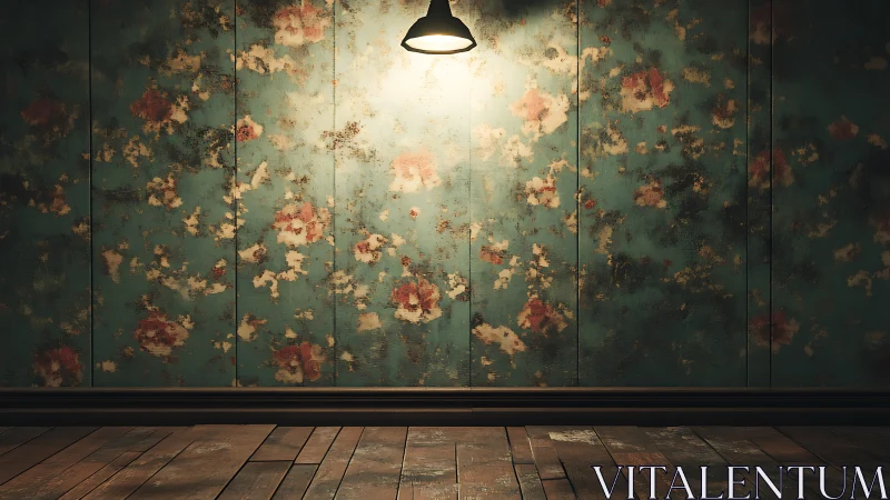 Single overhead lamp illuminates distressed teal floral wall