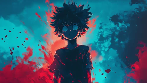 Silhouetted anime boy in blue and red explosive light.