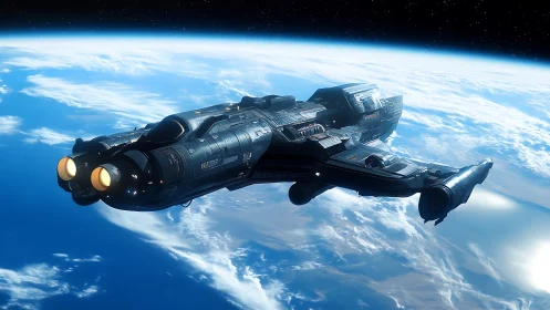 Deep-space gunmetal cruiser gliding above blue Earth orbit.