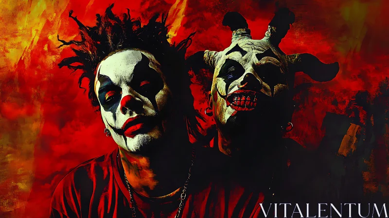 Sinister clown duo against blazing infernal red backdrop.