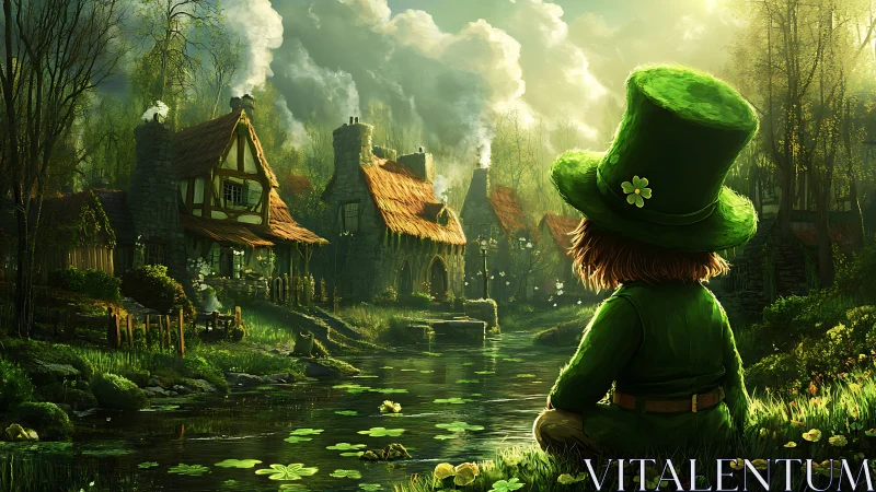 Leprechaun watching a quiet riverside village at dusk.