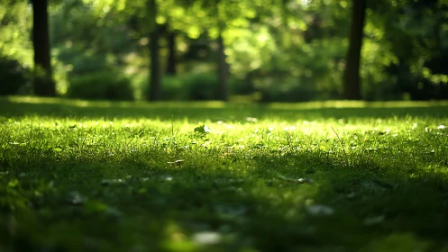 Sunlit grass field lies beneath softly blurred trees
