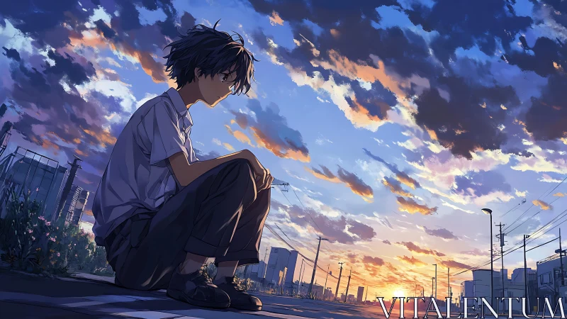 Solitary boy watches glowing city sunset sky in silence.