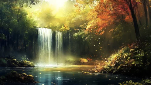 Cascade waterfall with volumetric light rays through autumn forest canopy.