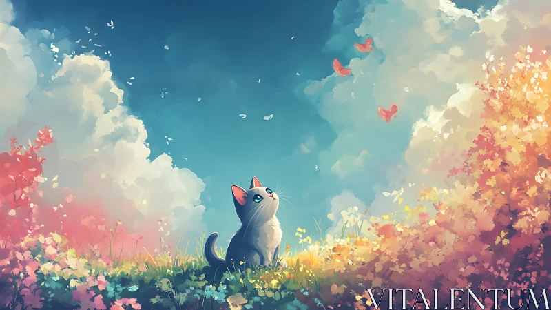 Daydreaming meadow cat under cotton-candy clouds of spring.