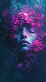 Underwater female face framed by vivid pink petals.