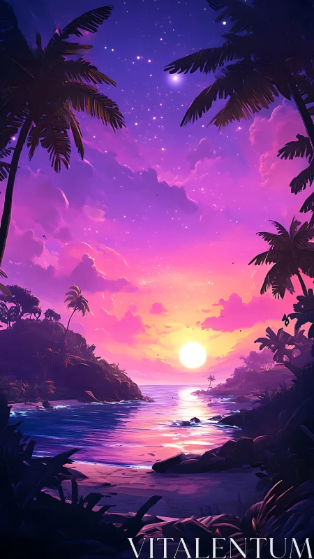 Tropical bay sunset glows under violet starry sky