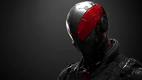 Futuristic combat android with glossy red black armor